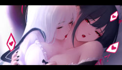 Rule 34 | 2girls, black dress, black hair, blue sailor collar, blush, breasts, cleavage, closed eyes, demon tail, dress, heart, heart-shaped pupils, holding tail, letterboxed, licking, licking another&#039;s neck, long hair, medium breasts, multiple girls, off shoulder, open mouth, original, red eyes, sailor collar, saliva, saliva trail, shimmer, shirt, short sleeves, spoken heart, symbol-shaped pupils, tail, tail raised, tears, tongue, tongue out, upper body, white hair, white shirt, yuri