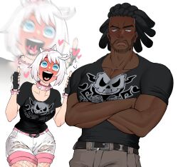 Rule 34 | 1boy, 1girl, black gloves, black shirt, blood, blush, bracelet, collar, collarbone, cropped legs, crossed arms, dark-skinned male, dark skin, double thumbs up, dreadlocks, elphelt valentine, excited, fishnet pantyhose, fishnets, frown, gloves, guilty gear, guilty gear strive, highres, jewelry, kinja, muscular, muscular male, nagoriyuki, nosebleed, open mouth, pantyhose, pink bracelet, pink collar, shirt, shorts, simple background, spiked bracelet, spiked collar, spikes, standing, thumbs up, white background, white hair, white shorts