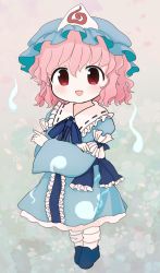 Rule 34 | 1girl, belt, blue belt, blue bow, blue bowtie, blue dress, blue flower, blue footwear, blue hat, blue kimono, bow, bowtie, breasts, chibi, collared dress, commentary request, crossed arms, dress, floral background, flower, frilled kimono, frills, full body, ghost, ghost print, gradient background, green background, grey flower, hair between eyes, hat, highres, hitodama, hitodama print, japanese clothes, juliet sleeves, kimono, long sleeves, looking at viewer, medium breasts, mob cap, multicolored background, open mouth, petals, pink background, pink hair, pointing, puffy sleeves, red eyes, rei (tonbo0430), saigyouji yuyuko, shoes, short hair, smile, socks, solo, standing, touhou, triangular headpiece, white socks, wide sleeves