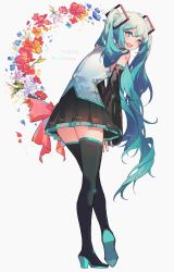 Rule 34 | 1girl, :d, absurdres, aqua eyes, aqua hair, bare shoulders, bent over, blue eyes, bow, commentary, confetti, detached sleeves, english commentary, flower, from behind, full body, green hair, happy birthday, hatsune miku, high heels, highres, kaneblob, long hair, looking at viewer, looking back, nail polish, necktie, open mouth, skirt, sleeveless, smile, solo, tattoo, thighhighs, twintails, very long hair, vocaloid, wide sleeves