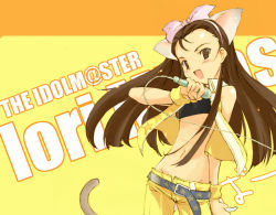 Rule 34 | 00s, animal ears, bandeau, black bandeau, cat ears, cat tail, cool &amp; sexy (idolmaster), fake animal ears, fujiwara warawara, idolmaster, idolmaster (classic), idolmaster 1, microphone, midriff, minase iori, simple background, solo, standing, tail, yellow background