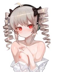 Rule 34 | 1girl, ahoge, bad id, bad pixiv id, blush, closed mouth, collarbone, dokomon, drill hair, flat chest, girls&#039; frontline, highres, nipples, pp-90 (girls&#039; frontline), red eyes, shirt, silver hair, simple background, solo, twin drills, twintails, upper body, white background, white shirt