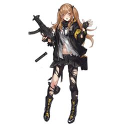 Rule 34 | 1girl, ammunition pouch, armband, belt, black gloves, black jacket, black scarf, black skirt, blush, boots, brown hair, buttons, cross-laced footwear, damaged, fingerless gloves, full body, girls&#039; frontline, gloves, gun, h&amp;k ump, hair ornament, hair ribbon, holding, holding gun, holding weapon, hood, hooded jacket, jacket, knee pads, lace-up boots, looking at viewer, navel, official art, open mouth, pantyhose, personification, pink eyes, pouch, ribbon, scar, scar across eye, scar on face, scarf, skirt, solo, standing, strap, submachine gun, suppressor, thigh strap, thighhighs, torn clothes, torn legwear, transparent background, trigger discipline, twintails, ump9 (girls&#039; frontline), walkie-talkie, weapon