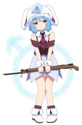 Rule 34 | 1boy, ahoge, animal ears, ankle boots, arisaka type 99, bayonet, blue hair, blue skirt, boots, commentary request, cosplay, detached collar, full body, gun, hacka doll, hacka doll 3, head tilt, helmet, highres, holding, holding weapon, looking at viewer, male focus, mars symbol, necktie, off-shoulder shirt, off shoulder, pigeon-toed, purple eyes, rabbit ears, red neckwear, reisen, reisen (cosplay), rifle, shirosato, shirt, short hair, simple background, skirt, standing, touhou, trap, triangle mouth, arisaka, weapon, white background, white footwear, wrist cuffs