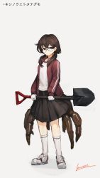 Rule 34 | 1girl, artist name, brown eyes, brown hair, brown skirt, bug, full body, glasses, gym uniform, hair over shoulder, highres, holding, arthropod girl, jacket, lansane, long hair, long sleeves, looking at viewer, low twintails, original, personification, pleated skirt, shadow, shirt, shoes, shovel, skirt, smile, sneakers, socks, solo, spider, spider girl, arthropod limbs, track jacket, translation request, twintails, uniform, white background, white shirt, worktool
