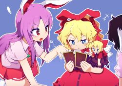 Rule 34 | 4girls, absurdres, animal ears, black hair, commentary request, dress, highres, inaba tewi, kanisawa yuuki, long hair, medicine melancholy, multiple girls, open mouth, purple hair, rabbit ears, red eyes, reisen udongein inaba, shirt, short hair, short sleeves, skirt, su-san, tagme, touhou, translation request