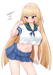 Rule 34 | 1girl, absurdres, blonde hair, blue eyes, blue neckerchief, blue sailor collar, blue skirt, breasts, brooklyn (kancolle), cosplay, dated, eyebrows hidden by hair, hairband, highres, kantai collection, large breasts, long hair, maru (marg0613), midriff, navel, neckerchief, one-hour drawing challenge, pleated skirt, sailor collar, school uniform, serafuku, shirt, shorts, shorts under skirt, skirt, solo, tsurime, twitter username, undersized clothes, ushio (kancolle), ushio (kancolle) (cosplay), ushio kai ni (kancolle), ushio kai ni (kancolle) (cosplay), white hairband, white shirt