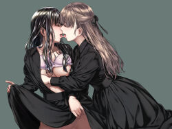Rule 34 | 2girls, areola slip, black dress, black hair, black ribbon, bra, bra lift, breasts, brown hair, closed eyes, clothes lift, commentary request, dress, french kiss, grabbing, grabbing another&#039;s breast, green background, hair censor, hair ribbon, highres, kiss, large breasts, lifted by self, long hair, multiple girls, no panties, open clothes, open dress, original, pink bra, pussy juice, ribbon, simple background, skirt, skirt lift, takekawa shin, tongue, tongue out, underwear, yuri