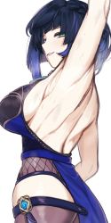 Rule 34 | 1girl, absurdres, armpits, arms up, back, backless dress, backless outfit, blue dress, blue hair, blunt bangs, bob cut, breasts, dress, fishnets, from side, genshin impact, green eyes, half-closed eyes, highres, large breasts, lipstick, looking at viewer, makeup, pomme (pomette ), short hair, sideboob, simple background, sleeveless, sleeveless dress, sweat, thighhighs, vision (genshin impact), white background, yelan (genshin impact)