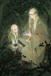 Rule 34 | 2boys, animification, bird, bird on hand, blonde hair, blue bird, blue eyes, elf, father and son, forest, highres, legolas, long hair, long sleeves, looking at another, multiple boys, nature, pointy ears, sitting, smile, the lord of the rings, thranduil, tolkien&#039;s legendarium, tolkien's legendarium, tree, zzzi gn