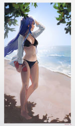 Rule 34 | 1girl, absurdres, artist name, ball, bare legs, barefoot, beach, bikini, black bikini, blue hair, blue sky, blurry, blurry foreground, border, breasts, cleavage, day, full body, halterneck, hand on own head, highres, holding, holding ball, leaf, long hair, looking afar, medium breasts, navel, ocean, open clothes, open shirt, original, outdoors, parted lips, rugby ball, sand, shade, shirt, side-tie bikini bottom, sky, solo, sooon, standing, stomach, string bikini, swimsuit, white border, white shirt
