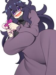 Rule 34 | 1girl, @ @, ahoge, bellupup, black nails, breasts, cowboy shot, creatures (company), dress, dutch angle, game freak, hair between eyes, heart, hex maniac (pokemon), highres, huge breasts, long dress, long hair, long sleeves, looking down, nintendo, open mouth, pokemon, pokemon xy, purple dress, purple eyes, purple hair, simple background, smile, solo, standing, turtleneck, white background