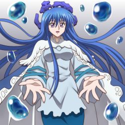 Rule 34 | 1girl, blue hair, breasts, bubble, cape, cowboy shot, gradient background, hair between eyes, houshin engi, long hair, medium breasts, onomekaman, open mouth, open palms, outstretched arms, outstretched hand, purple eyes, ryuukitsu koushu, simple background, solo, water