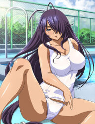 Rule 34 | 1girl, antenna hair, bare arms, bare legs, breasts, cleavage, collarbone, day, fence, grey eyes, hair ornament, ikkitousen, kan&#039;u unchou, large breasts, lens flare, long hair, looking at viewer, old school swimsuit, one-piece swimsuit, outdoors, parted lips, pool ladder, poolside, purple hair, school swimsuit, shiny skin, sitting, smile, solo, spread legs, swimsuit, very long hair, white one-piece swimsuit