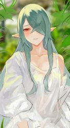 Rule 34 | 1girl, bad id, bad twitter id, bare shoulders, bburi, blurry, blurry background, borrowed character, character request, collarbone, commentary, copyright request, elf, english commentary, green hair, hair down, hair over one eye, half-closed eyes, long hair, looking at viewer, parted lips, pointy ears, red eyes, sidelocks, smile, solo