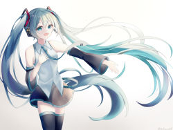 Rule 34 | 1girl, aqua eyes, aqua hair, aqua nails, aqua necktie, bare shoulders, black skirt, black sleeves, black thighhighs, commentary, cowboy shot, detached sleeves, hair ornament, hand on own chest, hatsune miku, headphones, highres, long hair, nail polish, necktie, noneon319, open mouth, outstretched arm, pleated skirt, shirt, skirt, sleeveless, sleeveless shirt, smile, solo, standing, thighhighs, twintails, very long hair, vocaloid, white shirt, zettai ryouiki