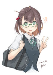 Rule 34 | 1girl, ^^^, alternate costume, artist name, bag, black hair, black vest, blue-framed eyewear, brown hair, commentary request, cropped torso, dated, dress shirt, fyuo, glasses, green eyes, green ribbon, highres, kantai collection, multicolored hair, neck ribbon, okinami (kancolle), one-hour drawing challenge, ribbon, school bag, school uniform, shirt, short hair, short sleeves, simple background, solo, upper body, v, vest, white background, white shirt