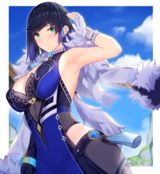 Rule 34 | 1girl, absurdres, arind yudha, armpits, asymmetrical gloves, bare shoulders, black hair, black pants, blue dress, blue hair, blue sky, blush, bob cut, breasts, cleavage, cleavage cutout, clothing cutout, diagonal bangs, dice, dress, earrings, fur-trimmed jacket, fur trim, genshin impact, gloves, green eyes, highres, jacket, jacket on shoulders, jewelry, large breasts, looking at viewer, mismatched gloves, mole, mole on breast, multicolored hair, neck ring, pants, pelvic curtain, short hair, sky, solo, tassel, thighs, tight clothes, tight pants, two-tone hair, vision (genshin impact), white jacket, yelan (genshin impact)