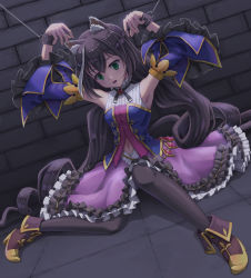 Rule 34 | 1girl, absurdly long hair, animal ear fluff, animal ears, armpits, arms up, bare shoulders, black hair, black pantyhose, black tail, boots, brick wall, brooch, brown footwear, buckle, cat ears, cat girl, cat tail, commentary request, crying, crying with eyes open, cuffs, detached sleeves, dress, empty eyes, facing viewer, foot out of frame, frilled dress, frilled sleeves, frills, gem, green eyes, grey background, highres, jewelry, karyl (princess connect!), leshade entis, long hair, looking down, low twintails, multicolored clothes, multicolored dress, multicolored hair, navel, on floor, open mouth, pantyhose, princess connect!, purple sleeves, restrained, sleeveless, sleeveless dress, solo, streaked hair, tail, tears, tile floor, tiles, twintails, two-tone hair, very long hair, white hair, wide sleeves