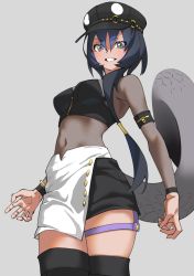 Rule 34 | 1girl, absurdres, armband, arms at sides, black hair, black hat, black mamba (kemono friends), black thighhighs, blue hair, bodystocking, breasts, commentary, dark blue hair, grey background, grey eyes, grin, hair between eyes, hat, highres, kemono friends, long sleeves, looking at viewer, medium breasts, medium hair, microskirt, multicolored hair, navel, official alternate costume, parted lips, see-through, simple background, skirt, smile, snake tail, solo, tail, tanabe (fueisei), thighhighs