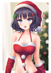 Rule 34 | 1girl, absurdres, bare shoulders, bikini, bikini top only, blush, breasts, christmas, christmas tree, closed mouth, collarbone, elbow gloves, fate/grand order, fate (series), fur-trimmed gloves, fur trim, gloves, hat, highres, katsushika hokusai (fate), looking at viewer, medium breasts, purple eyes, purple hair, red bikini, red gloves, red hat, ripi ur, santa hat, short hair, solo, swimsuit, tongue, tongue out