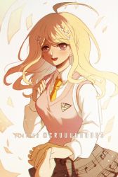 Rule 34 | 1girl, ahoge, akamatsu kaede, beamed sixteenth notes, blonde hair, blush, breasts, commentary, criis-chan, danganronpa (series), danganronpa v3: killing harmony, eighth note, fortissimo, hair ornament, holding hands, large breasts, long hair, long sleeves, looking at viewer, musical note, musical note hair ornament, necktie, open mouth, orange neckwear, paper, pleated skirt, quarter note, shirt, sixteenth note, skirt, smile, solo focus, striped, sweater vest, symbol-only commentary, teeth, twitter username, upper teeth only, white shirt