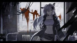 Rule 34 | 1girl, animal ears, arknights, bandeau, black jacket, black shorts, blood, closed mouth, commentary request, cowboy shot, grey eyes, hair between eyes, hair ornament, hairclip, highres, indoors, jacket, lappland (arknights), letterboxed, light smile, long hair, long sleeves, looking at viewer, midriff, navel, open clothes, open jacket, partial commentary, sentou kouhei kitsune, short shorts, shorts, silver hair, simple background, solo, standing, stomach, strapless, tube top, white bandeau, window, wolf ears