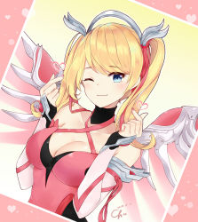 Rule 34 | 1girl, alternate hairstyle, artist name, bare shoulders, blonde hair, blue eyes, breasts, chu (huaha1320), cleavage, collarbone, criss-cross halter, dress, elbow gloves, fingerless gloves, fingernails, gloves, gradient background, hair ribbon, halo, halterneck, heart, looking at viewer, mechanical halo, mechanical wings, medium breasts, medium hair, mercy (overwatch), nail polish, official alternate costume, overwatch, overwatch 1, photo (object), pink background, pink dress, pink mercy, pink nails, pink ribbon, pink wings, ribbon, signature, simple background, smile, snapping fingers, solo, twintails, upper body, white background, wings, yellow background