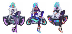 Rule 34 | 1girl, alternate color, black thighhighs, blue hair, boombox, breasts, cleavage, colored skin, concept art, dress, full body, green hair, highres, horns, liyart, logo, long hair, looking at viewer, medium breasts, multicolored hair, octavia (omega strikers), official art, omega strikers, orange skin, ponytail, purple hair, purple skin, simple background, sitting, skirt, solo, thighhighs, two-tone hair, white background, white dress, white footwear, yellow eyes