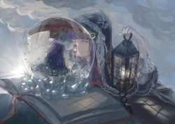 Rule 34 | 2girls, absurdres, alternate costume, black cloak, blunt bangs, book, christmas, cloak, clone, closed mouth, cloud, crystal, highres, holding, holding lantern, hood, hooded cloak, lantern, looking at another, low tied hair, multiple girls, open book, outdoors, patchouli knowledge, purple eyes, purple hair, sly930105, smile, snow, snow globe, solo, touhou