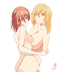 Rule 34 | 2girls, absurdres, ass, blonde hair, blush, breasts, brown eyes, brown hair, cleavage, completely nude, feet out of frame, female focus, from side, hair between eyes, highres, large breasts, light blush, long hair, looking at another, medium hair, misaka mikoto, multiple girls, nude, shokuhou misaki, simple background, small breasts, smile, sparkle, sparkling eyes, symbol-shaped pupils, toaru kagaku no railgun, toaru majutsu no index, toaru majutsu no index gaiden: toaru kagaku no mental out, white background, yellow eyes, yuri