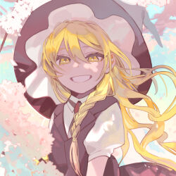 Rule 34 | 1girl, :d, blonde hair, braid, cherry blossoms, day, grin, hair between eyes, hat, highres, kirisame marisa, long hair, looking at viewer, open mouth, outdoors, puffy short sleeves, puffy sleeves, shi chimi, short sleeves, smile, solo, teeth, touhou, upper body, very long hair, wing collar, witch hat, yellow eyes