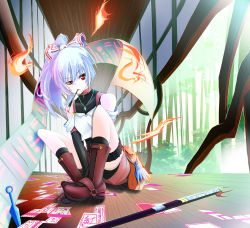 Rule 34 | 1girl, alternate costume, alternate hairstyle, bare shoulders, blue hair, boots, bow, calligraphy brush, collar, female focus, fire, fujiwara no mokou, gradient hair, hair bow, hair ribbon, highres, knife, kunai, large bow, light purple hair, long hair, magatama, mana900, mouth hold, multicolored hair, ofuda, paintbrush, ponytail, porch, raised eyebrow, red eyes, ribbon, scroll, silver hair, sitting, solo, sword, thigh strap, touhou, uneven eyes, v arms, veranda, weapon