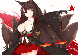 Rule 34 | 1girl, absurdres, aircraft, airplane, akagi (azur lane), animal ears, arm up, asymmetrical breasts, azur lane, bad id, bad pixiv id, black gloves, black kimono, blush, breasts, brown hair, catnnn, cleavage, cleavage cutout, clothing cutout, cowboy shot, dress, fire, fox ears, fox girl, fox tail, gloves, grin, hakama, hakama short skirt, hakama skirt, highres, japanese clothes, kimono, kitsune, large breasts, long hair, long sleeves, looking at viewer, medium breasts, multiple tails, outstretched arm, pleated dress, red eyes, red skirt, revision, skirt, smile, solo, tail, very long hair, wide sleeves