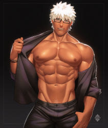 Rule 34 | 1boy, archer (fate), archer (summer casual) (fate), bara, bare pectorals, black pants, brown eyes, bulge, collarbone, dark-skinned male, dark skin, fate/grand order, fate/stay night, fate (series), glasses, gradient background, large pectorals, male focus, midriff peek, muscular, navel, navel hair, nipples, pants, pectorals, short hair, solo, thick thighs, thighs, tight clothes, tight pants, undressing, white hair, xelgot