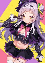 Rule 34 | 1girl, blunt bangs, breasts, capelet, cleavage, cropped shirt, gloves, grey hair, grey shirt, groin, hair bun, hair ornament, hat, highres, hololive, long hair, looking at viewer, midriff, murasaki shion, murasaki shion (1st costume), navel, open mouth, ribbon, shirt, simple background, small breasts, solo, striped clothes, striped shirt, thighhighs, tooo88, v, vertical-striped clothes, vertical-striped shirt, virtual youtuber, witch hat, yellow eyes