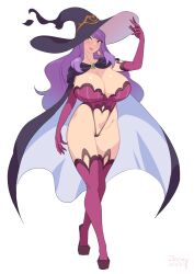 Rule 34 | 1girl, black cape, black hat, breasts, cape, cleavage, elbow gloves, full body, gloves, hat, high heels, large breasts, light blush, lips, long hair, orange eyes, original, pink gloves, pink thighhighs, purple hair, revealing clothes, sierra peronica, simple background, smile, solo, standing, thighhighs, walking, white background, witch hat, zheng