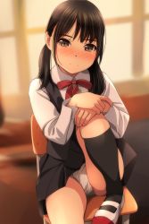 Rule 34 | 1girl, absurdres, black dress, black hair, black socks, blurry, blurry background, blush, bow, brown eyes, chair, closed mouth, collared shirt, depth of field, dress, hands on own knee, highres, indoors, knee up, kneehighs, long sleeves, looking at viewer, low twintails, matsunaga kouyou, nose blush, on chair, original, panties, pleated dress, polka dot, polka dot panties, red bow, school chair, school uniform, shirt, short twintails, sitting, skindentation, sleeveless, sleeveless dress, smile, socks, solo, twintails, underwear, white panties, white shirt