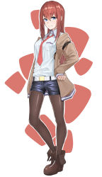 Rule 34 | 1girl, ankle boots, bad id, bad pixiv id, belt, between breasts, black pantyhose, blue eyes, boots, breasts, brown hair, brown pantyhose, collared shirt, denim, denim shorts, full body, hair between eyes, hand on own hip, highres, jacket, long hair, long sleeves, looking at viewer, makise kurisu, medium breasts, necktie, necktie between breasts, off shoulder, pantyhose, se.a, shirt, short shorts, shorts, simple background, smile, solo, standing, steins;gate, white background