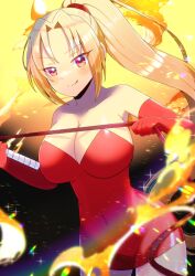 Rule 34 | 1girl, :q, bare shoulders, blonde hair, blurry, blurry foreground, blush, breasts, cleavage, closed mouth, collarbone, commentary request, commission, covered navel, depth of field, dress, elbow gloves, fire, gloves, holding, holding whip, kou hiyoyo, large breasts, long hair, looking at viewer, parted bangs, ponytail, red dress, red eyes, red gloves, shynesslady, skeb commission, smile, solo, star ocean, star ocean the second story, strapless, strapless dress, tongue, tongue out, very long hair