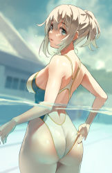 Rule 34 | 1girl, :o, adjusting clothes, adjusting swimsuit, ass, bare shoulders, blue eyes, breasts, butt crack, clothes pull, competition swimsuit, cowboy shot, day, from behind, grey hair, highleg, highleg swimsuit, highres, kekemotsu, looking at viewer, looking back, medium breasts, medium hair, nape, one-piece swimsuit, one-piece swimsuit pull, original, partially submerged, partially underwater shot, ponytail, pool, short ponytail, sideboob, sidelocks, solo, swimsuit, thighs, underwater, wedgie, wet, white one-piece swimsuit