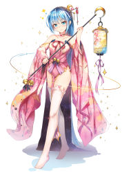 Rule 34 | 1girl, absurdres, bell, blue eyes, blue hair, chinese clothes, chinese commentary, choker, commentary request, crescent, crescent hair ornament, flower choker, full body, hair ornament, highres, holding, holding rod, holding staff, jingle bell, kanzashi, knees, lantern, legs, long hair, looking at viewer, magic, no shoes, original, pink ribbon, pink robe, ribbon, robe, rod, simple background, smile, sola (sola04), solo, sparkle, staff, thighhighs, tsurime, very long hair, white background, white thighhighs, wide sleeves