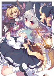 Rule 34 | 2girls, alternate costume, animal ears, ascot, back bow, bat (animal), black footwear, black headwear, blonde hair, blush, bow, breasts, broom, buttons, candy, collared shirt, commentary request, detached sleeves, dress, drooling, egasumi, fangs, food, frilled dress, frills, gloves, grey hair, halloween, halloween costume, hat, hat bow, hat ribbon, heart, heart-shaped pupils, highres, holding, holding broom, kozakura (dictionary), lantern, lollipop, long sleeves, looking at another, looking at viewer, medium breasts, mouse (animal), mouse ears, mouse tail, multicolored hair, multiple girls, nazrin, open mouth, purple background, red eyes, red vest, ribbon, shirt, short hair, socks, soles, standing, streaked hair, striped, striped bow, symbol-shaped pupils, tail, toramaru shou, touhou, vampire costume, vest, white ascot, white gloves, white shirt, white sleeves, white socks, wing collar, witch hat, yellow bow, yellow ribbon