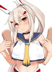 Rule 34 | 1girl, :o, ahoge, ayanami (azur lane), azur lane, black choker, blush, grabbing another&#039;s breast, breasts, choker, grabbing, headgear, highres, long hair, looking at viewer, ponytail, sailor collar, silver hair, simple background, sleeveless, solo focus, stiel, underboob, white background