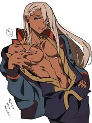 Rule 34 | 1boy, asticassia school uniform, blonde hair, blue eyes, cowboy shot, gold necklace, green jacket, grgrton, gundam, gundam suisei no majo, hair behind ear, hair between eyes, hand on own hip, hand on own chest, highres, jacket, jewelry, long hair, long sleeves, looking at viewer, male focus, necklace, open clothes, open mouth, pectorals, school uniform, shaddiq zenelli, smile, solo, tan, toned, toned male, white background