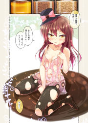 Rule 34 | 1girl, bare shoulders, between legs, black pantyhose, blush, bow, breasts, brown hair, cafe-chan to break time, cafe (cafe-chan to break time), camisole, coffee beans, collarbone, comic, dissolving clothes, hand between legs, hat, hat bow, long hair, looking at viewer, navel, no shoes, pantyhose, photo background, photo inset, pink bow, pink camisole, porurin (do-desho), sitting, small breasts, solo, strap slip, top hat, torn clothes, torn pantyhose, translation request, yellow eyes