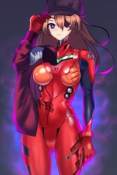 Rule 34 | 1girl, blue eyes, bodysuit, breasts, brown hair, curvy, evangelion: 3.0 you can (not) redo, expressionless, eyepatch, hat, highres, jacket, jacket on shoulders, lips, long hair, looking at viewer, neon genesis evangelion, plugsuit, rebuild of evangelion, red bodysuit, shiny clothes, simple background, souryuu asuka langley, very long hair, volyz, wide hips