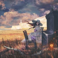 Rule 34 | 1girl, absurdres, black hair, bouquet, chair, dress, earrings, field, flower, hat, hat flower, highres, holding, holding bouquet, huge filesize, instrument, jewelry, lantern, lighthouse, long hair, mountain, original, outdoors, piano, purple eyes, purple flower, roots, scenery, sitting, solo, sun hat, sunset, tokiki (tomok1), white dress, white hat