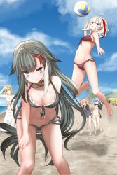 Rule 34 | 5girls, :3, absurdres, admiral graf spee (azur lane), ahoge, alternate costume, azur lane, ball, beach, beach volleyball, beachball, bikini, black bikini, black hair, blonde hair, blue eyes, blue hair, blue sky, breasts, breasts apart, cleavage, closed mouth, cloud, commentary, day, deutschland (azur lane), deutschland (service time?!) (azur lane), full body, hand on own thigh, highres, long hair, looking at viewer, midriff, mole, mole on stomach, multicolored hair, multiple girls, naughty face, navel, nukotume, ocean, open mouth, orange hair, outdoors, parted lips, raised eyebrow, red hair, sand, sarong, school swimsuit, short hair, sky, smile, smirk, standing, stomach, streaked hair, summer, swimsuit, u-556 (azur lane), u-81 (azur lane), very long hair, white hair, z23 (azur lane)