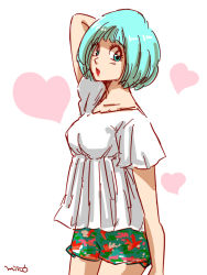 Rule 34 | 1girl, :o, arm up, artist name, blue eyes, blue hair, breasts, bulma, dragon ball, heart, looking at viewer, miiko (drops7), multicolored clothes, multicolored shorts, open mouth, shirt, short hair, shorts, simple background, solo, white background, white shirt